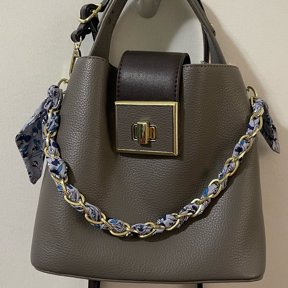 Grey Leather Crossbody Bag with Blue Accents